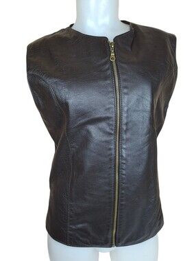 Vintage Dark Brown Soft Leather Vest Womens Zip Front Lined Biker Western